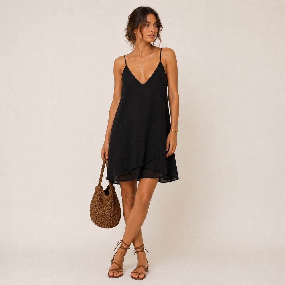 Cloth & Stone Women Black Slip Dress Sz Small Hi-Low Lightweight V-Neck Low Back